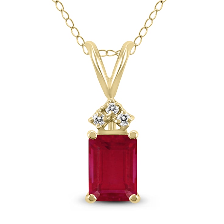14K Yellow Gold 6x4MM Emerald Shaped Ruby and Three Stone Diamond Pendant