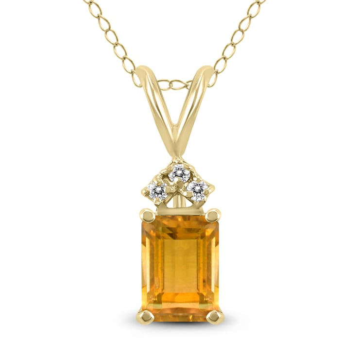 14K Yellow Gold 6x4MM Emerald Shaped Citrine and Three Stone Diamond Pendant