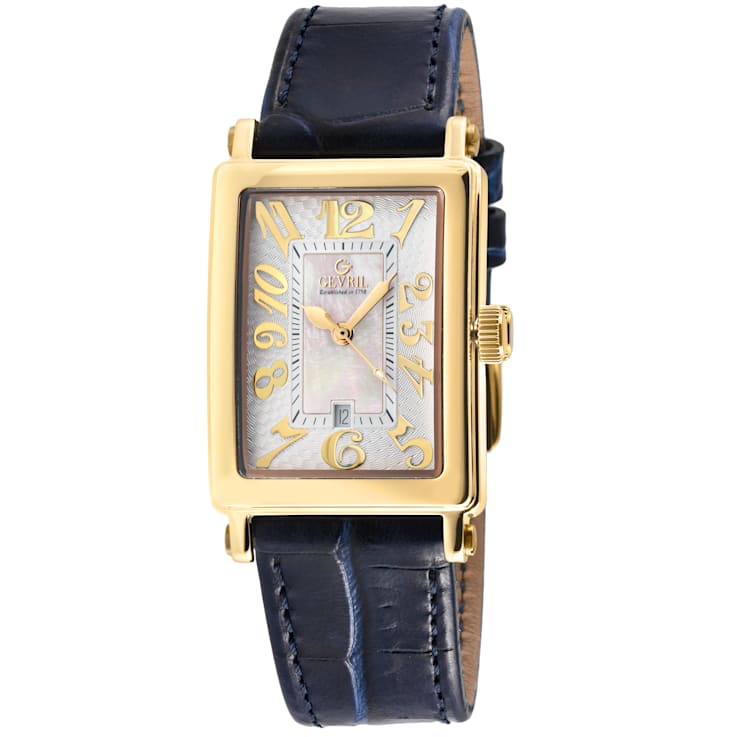 Gevril Ave of Americas Mini Women’s IPYG SS Case, White MOP Dial Watch,
Genuine Blue Leather Strap