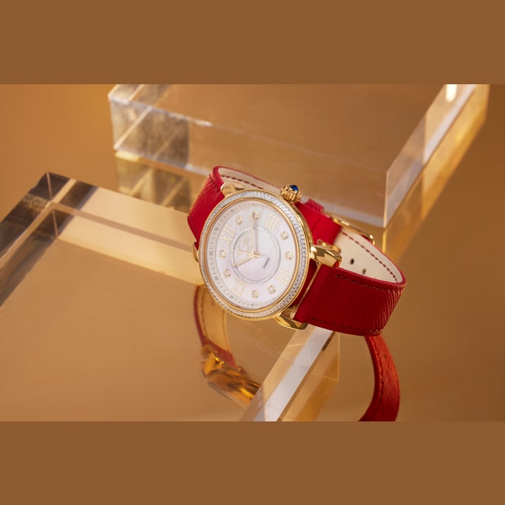 GV2 Womens Marsala Diamond Watch, Genuine Red Saffiano Vegan Leather Strap