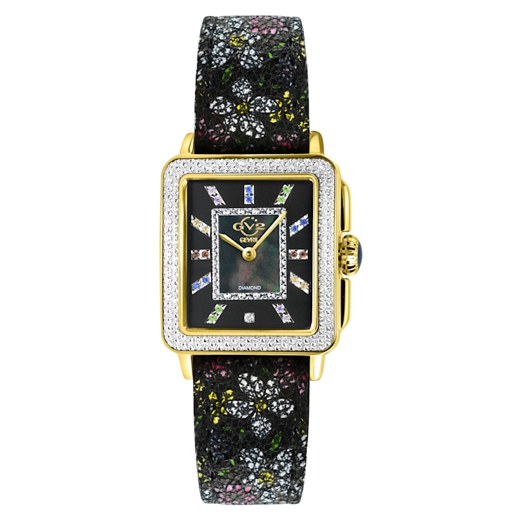 GV2 Womens Padova Gemstone Black Dial, Black Floral Leather Strap