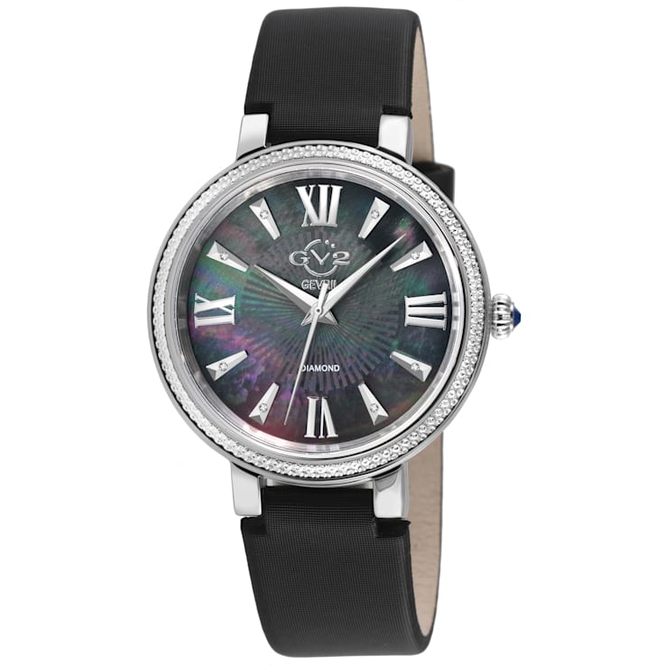GV2 Women's Genoa Black MOP Dial, Stainless Steel Diamond Watch with
Leather Strap