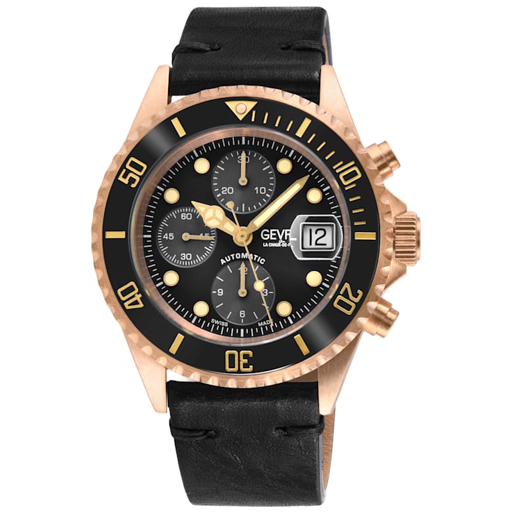 Gevril Men's Wall Street Watch, Genuine Handmade Italian Black Leather Strap