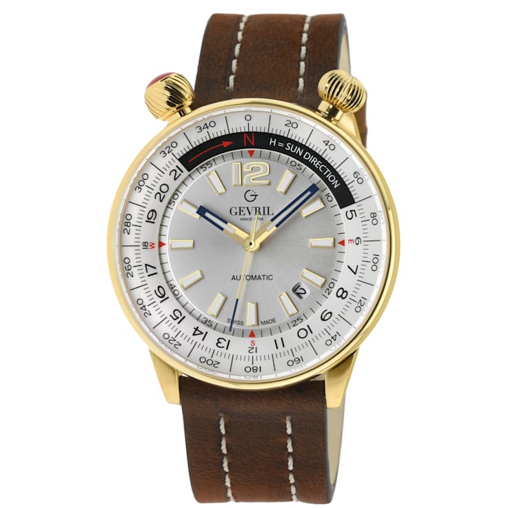 Gevril Men's Wallabout Silver Dial Leather Strap Watch