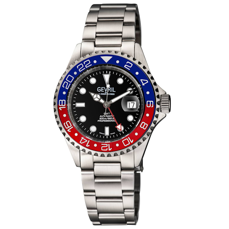 Gevril Men's Wall Street GMT BLK Dial BLU/RED Ceramic Bezel Stainless
Steel Bracelet