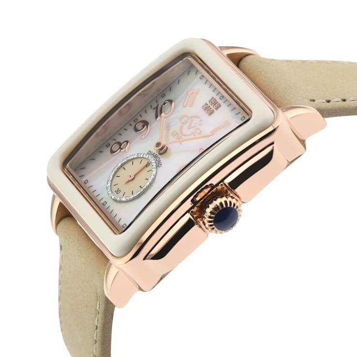 GV2 Bari White Enamel White MOP Dial Diamond Watch, Genuine Brown
Leather Strap