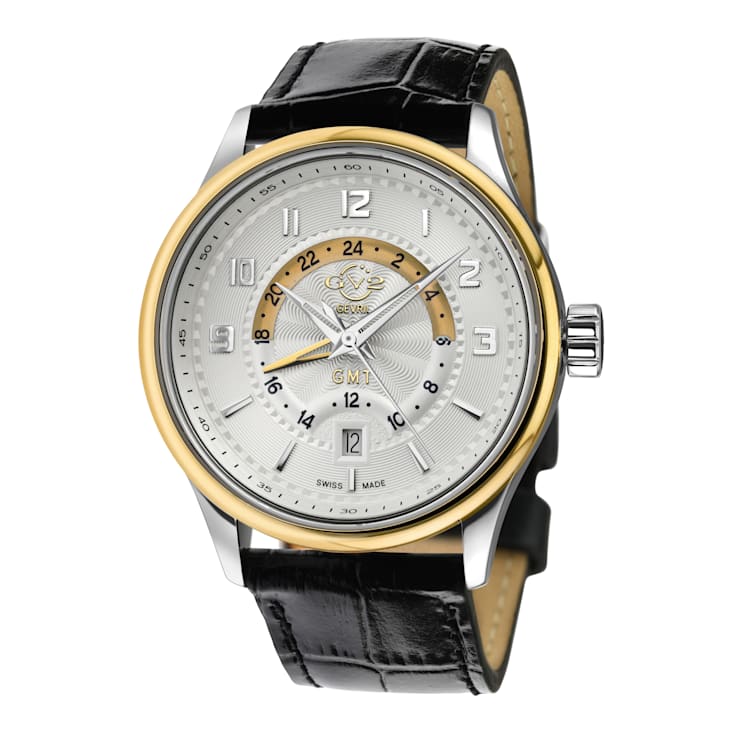 GV2 Men's Giromondo  Silver Dial Black Calfskin Leather Watch