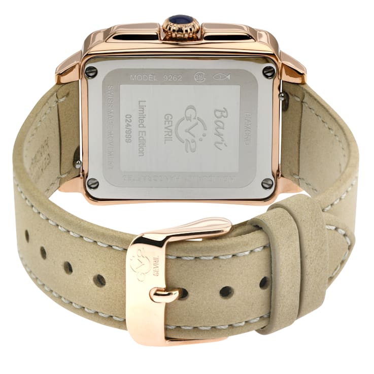 GV2 Bari White Enamel White MOP Dial Diamond Watch, Genuine Brown
Leather Strap