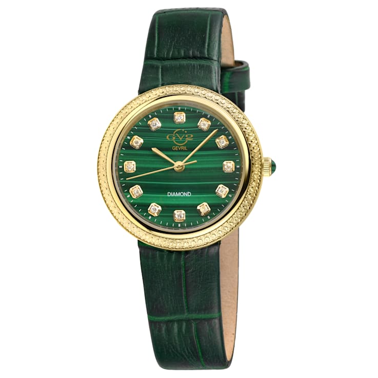 GV2 Arezzo Women's Diamond Watch, Genuine Italian Handmade Green Leather Strap