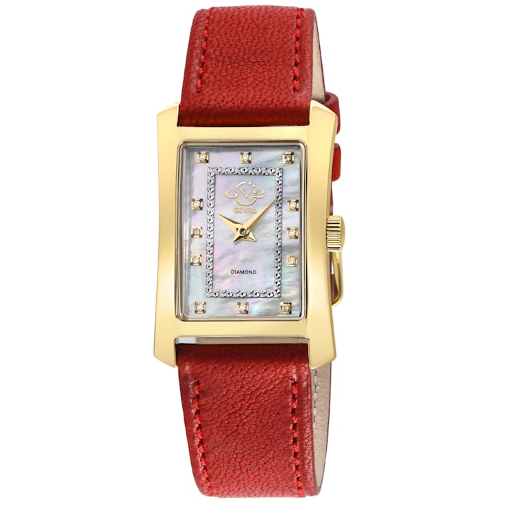 GV2 Womens Luino Diamond White MOP Dial, Genuine Italian Leather Red Watch