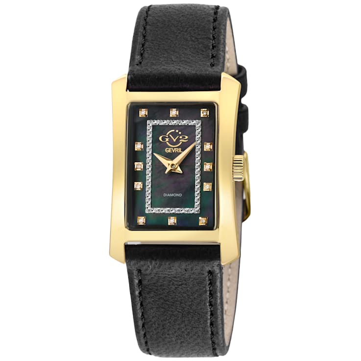 GV2 Womens Luino Diamond Black MOP Dial, Genuine Italian Leather Black Watch