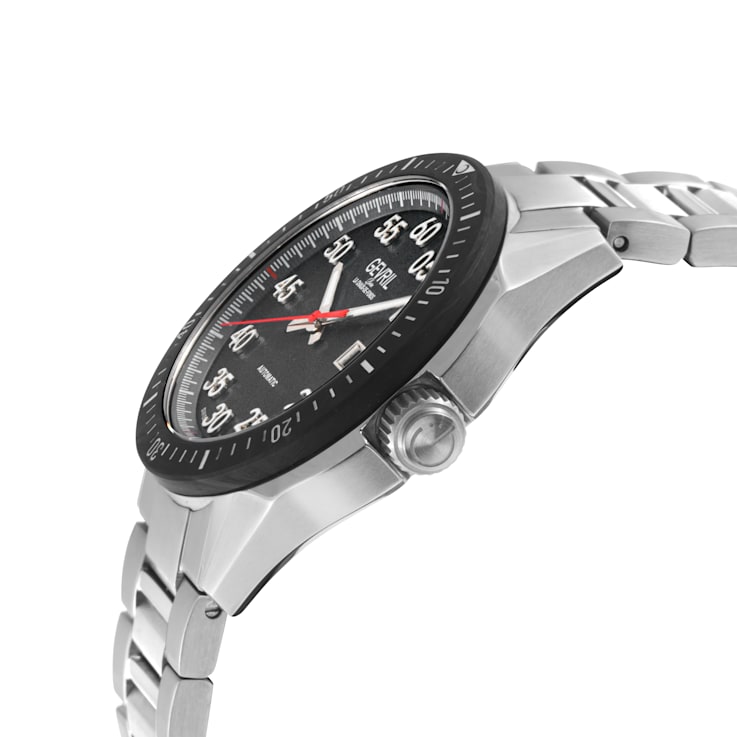 Gevril Men's Ascari Automatic Watch SS Case, Black Forged Carbon Top
Ring, Stainless Steel Bracelet