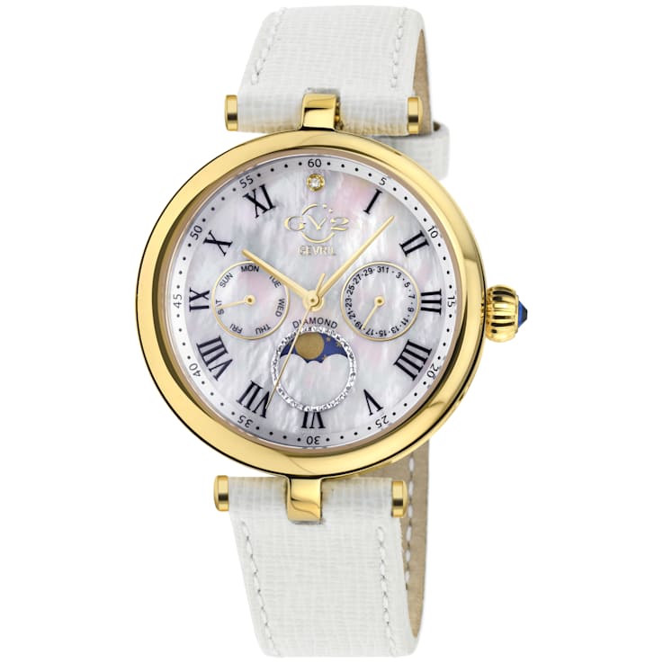GV2 Florence Women's Mother of Pearl Dial Diamond Cut Ring, White
Leather Strap Watch