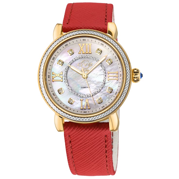 GV2 Womens Marsala Diamond Watch, Genuine Red Saffiano Vegan Leather Strap