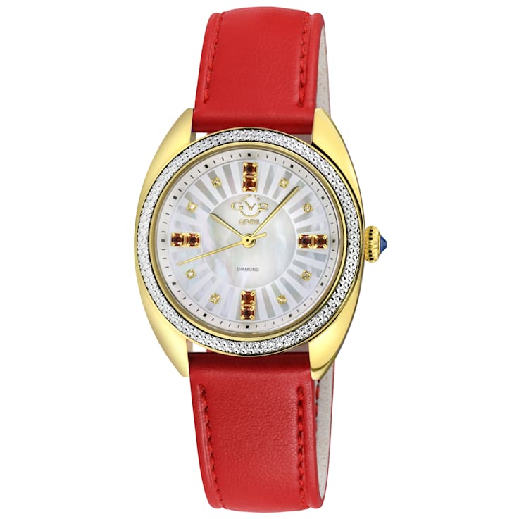 GV2 Women's Palermo Diamond Watch, Genuine Red Vegan Leather Strap