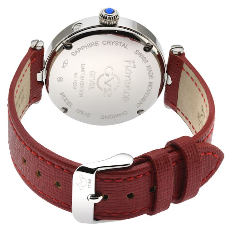 GV2 Florence Women's Mother of Pearl Dial Diamond Cut Ring, Red Leather
Strap Watch