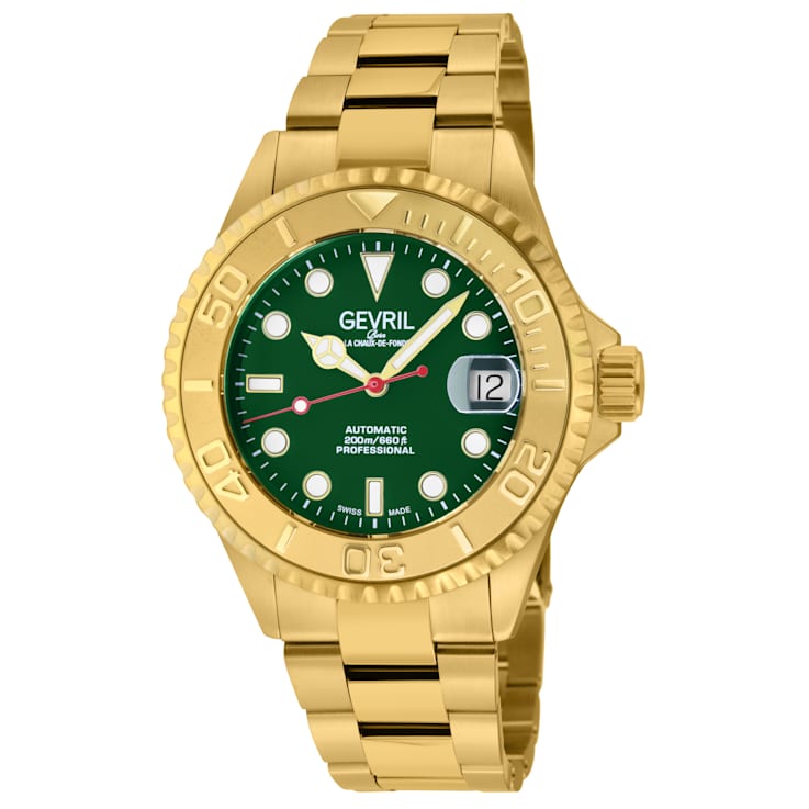 Gevril Men's Wall Street Green Enamel Dial, IPYG Bezel, IPYG Stainless
Steel Bracelet Watch.