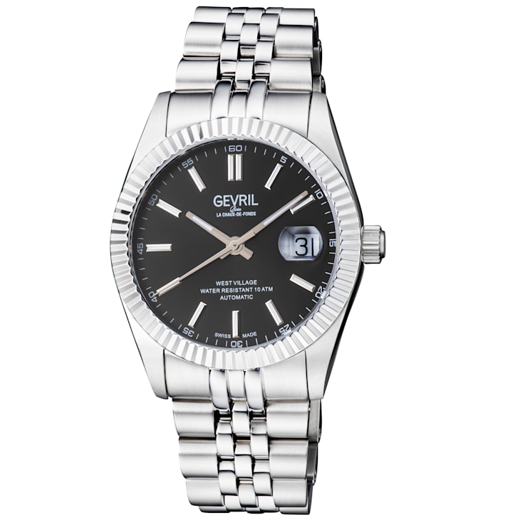 Gevril Men's Automatic West Village Black Sunray Dial Stainless Steel Bracelet