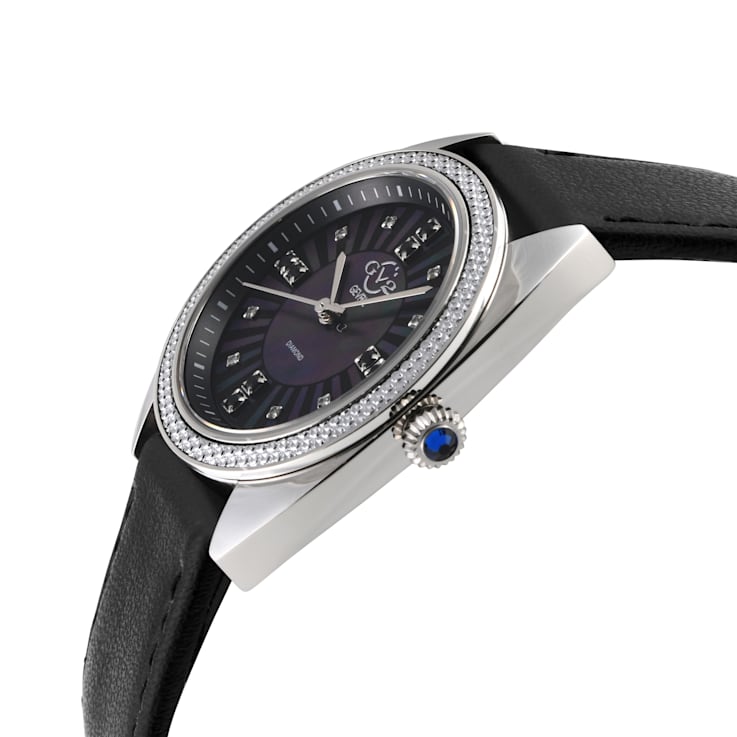 GV2 Women's Palermo Diamond Watch, Genuine Black Vegan Leather Strap