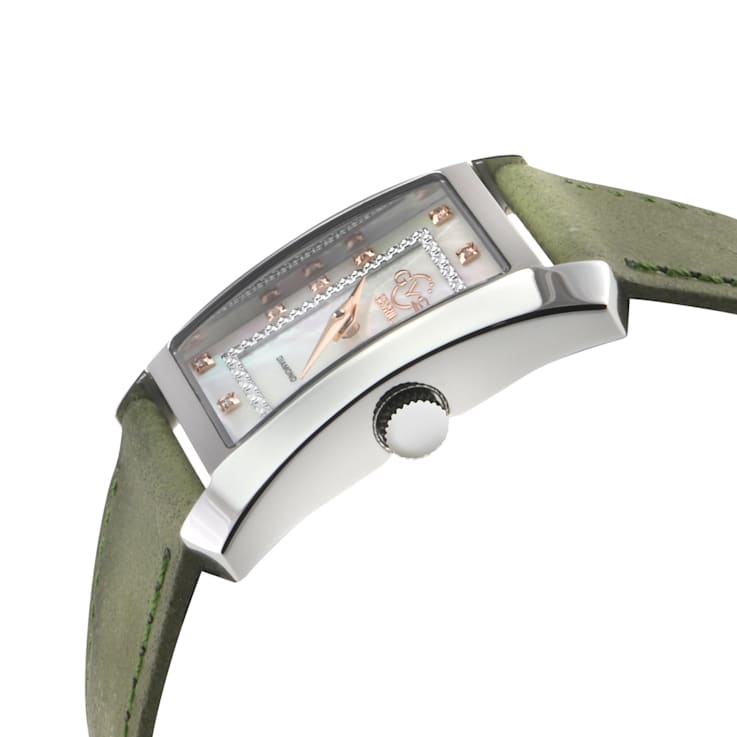 GV2 Womens Luino Diamond White MOP Dial, Genuine Italian Leather Green Watch