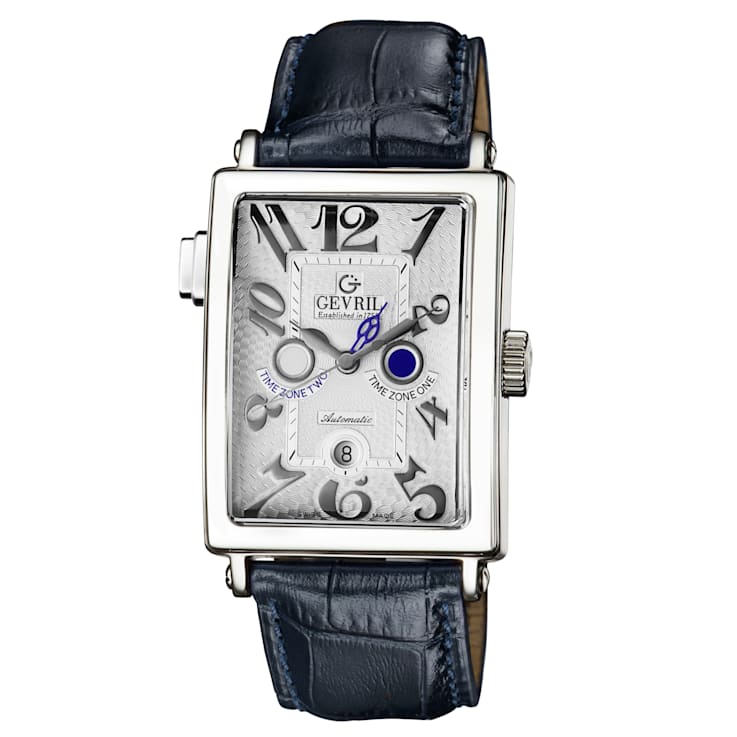 Gevril Men's Avenue of Americas Serenade Silver Dial Leather Watch, Navy
blue leather strap