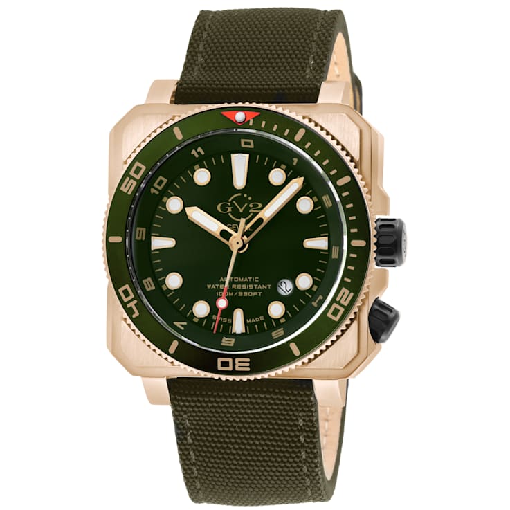 GV2 Men's XO Submarine RG Case, RG/GRN/ Bezel, Olive Dial, Genuine Green
Canvas Strap