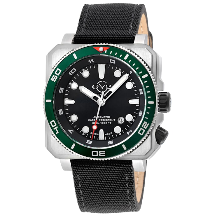 GV2 Men's XO Submarine SS Case, SS/GRN Bezel, Black Dial, Genuine Black
Canvas Strap