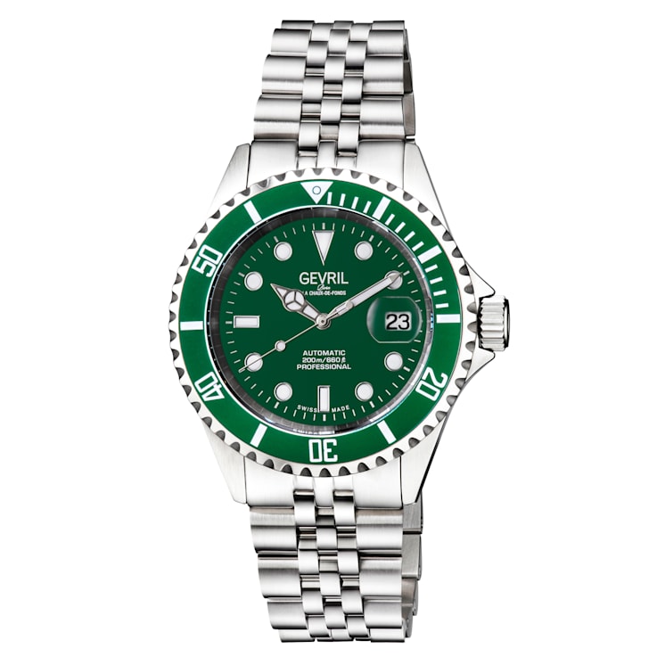 Gevril Men's Wall Street Green Emerald Dial, Green Ceramic Bezel
Stainless Steel Bracelet
