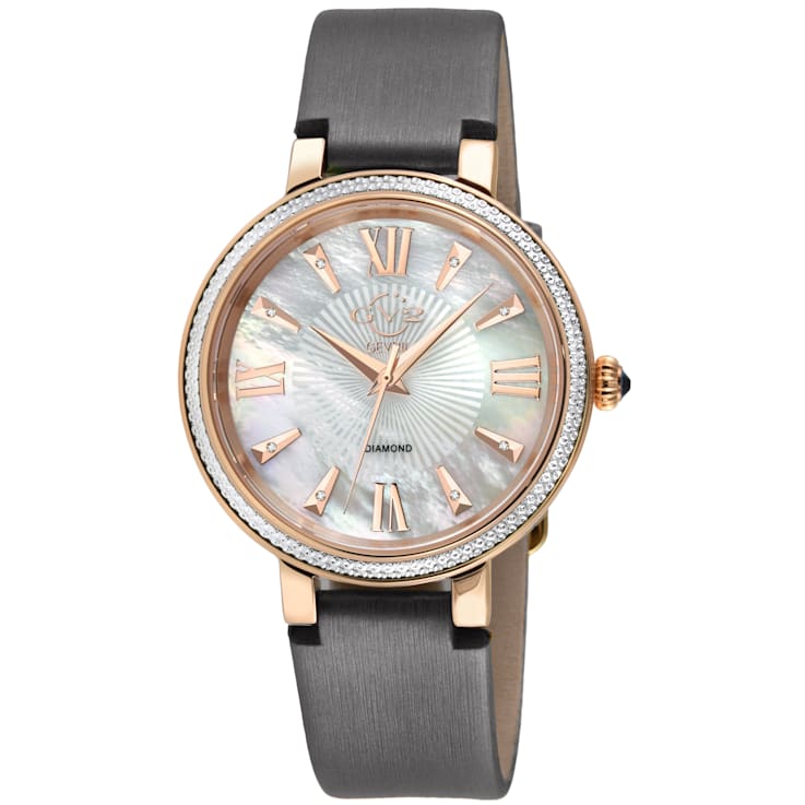 GV2 Women's Genoa White MOP Dial, Stainless Steel Diamond Watch with
Leather Strap