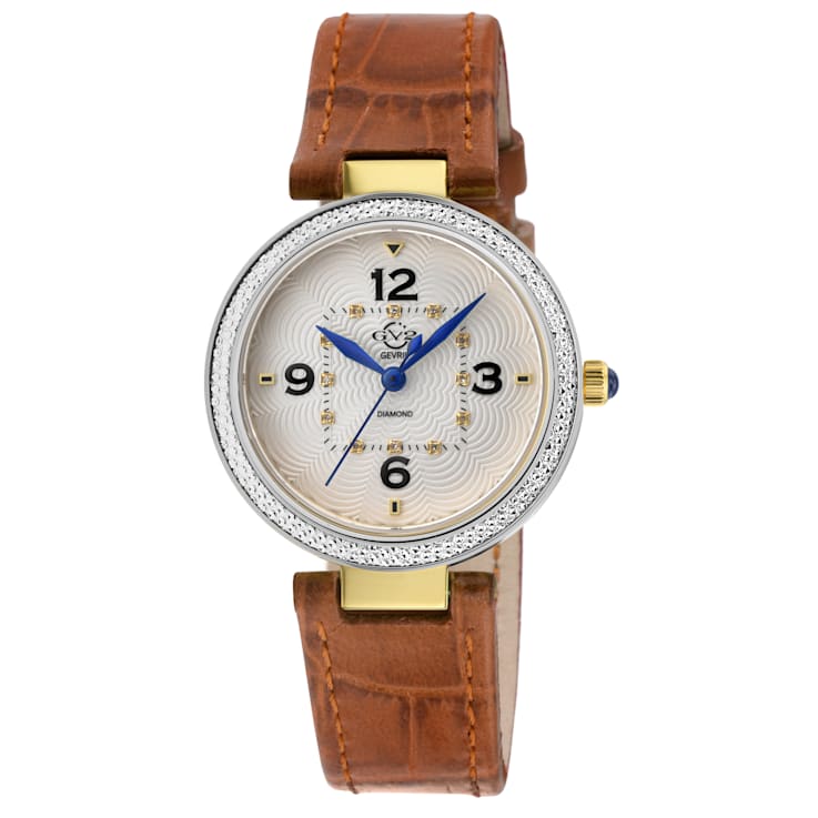 GV2 Women's Piemonte Stainkess Steel Case, White dial, Diamond Watch,
Italian Brown Leather Strap