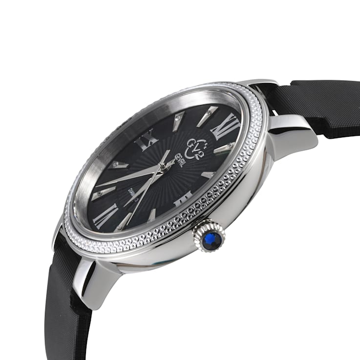 GV2 Women's Genoa Black MOP Dial, Stainless Steel Diamond Watch with
Leather Strap
