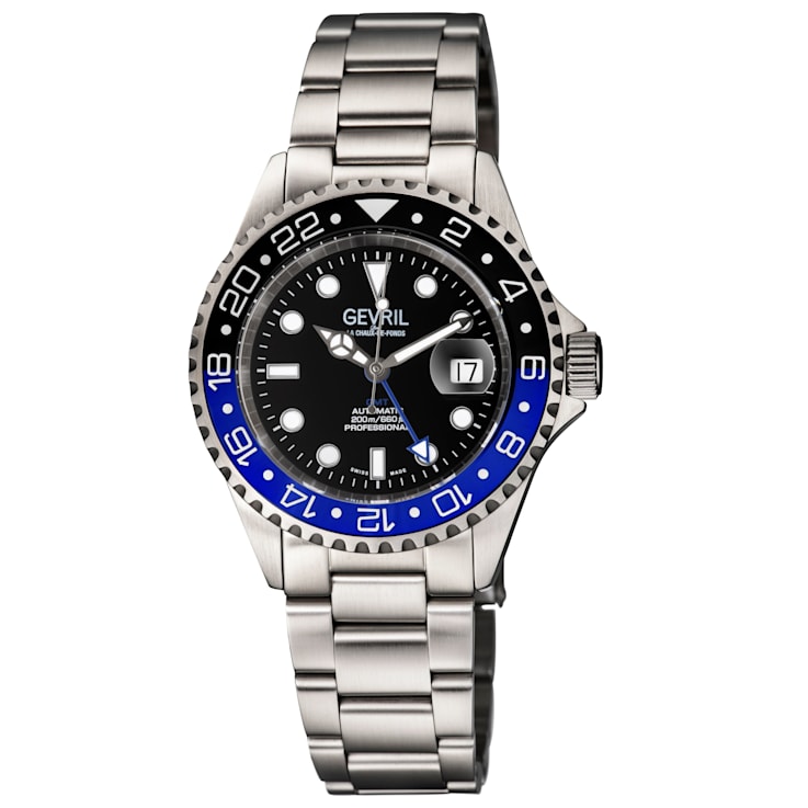 Gevril Men s Wall Street GMT BLK Dial BLK BLU Ceramic Bezel