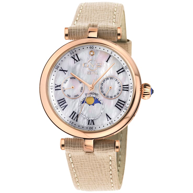 GV2 Florence Women's Mother of Pearl Dial Diamond Cut Ring, Tan Leather
Strap Watch