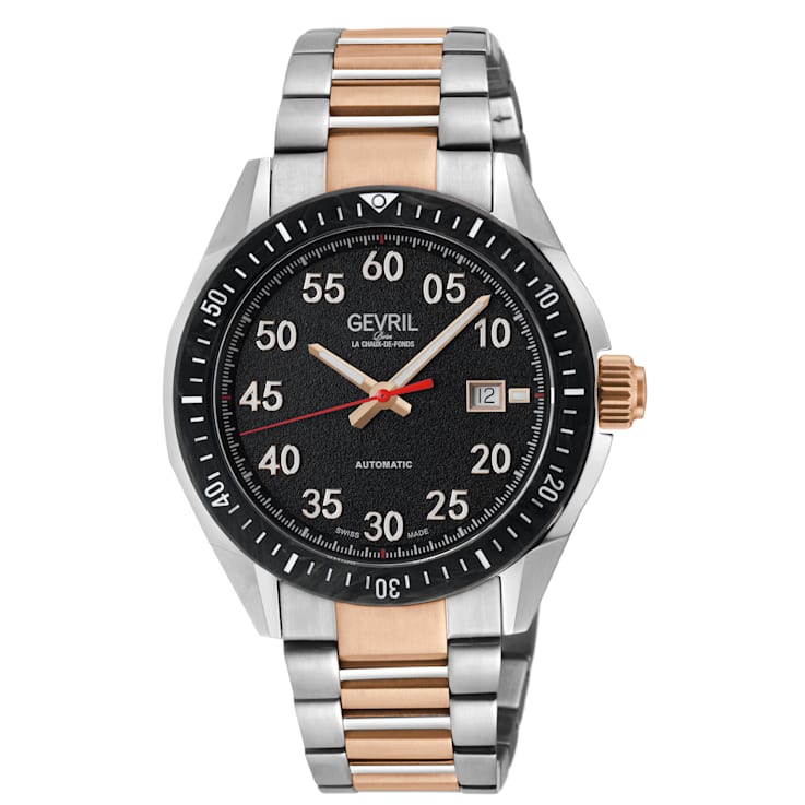 Gevril Men's Ascari Automatic Watch SS Case, Black Forged Carbon Top
Ring, SS/IP Rose Gold Bracelet