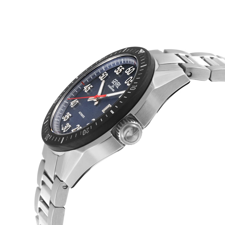 Gevril Men's Ascari Automatic Watch SS Case, Black Forged Carbon Top
Ring, Stainless Steel Bracelet