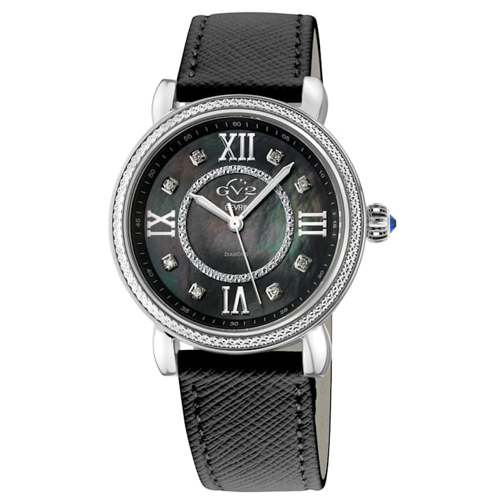 GV2 Womens Marsala Diamond Watch, Genuine Black Saffiano Vegan Leather Strap