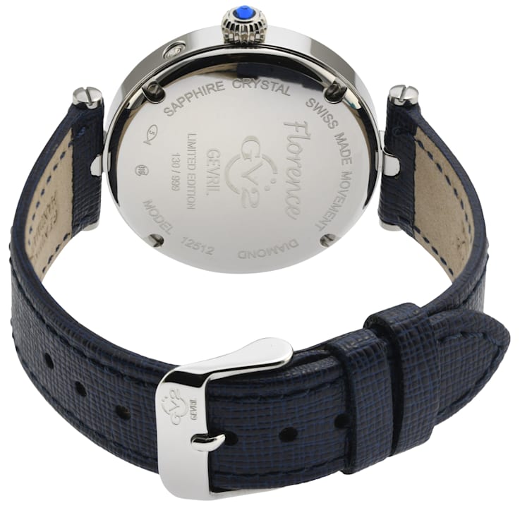 GV2 Florence Women's Blue Mother of Pearl Diamond Cut Dial Blue Leather
Strap Watch