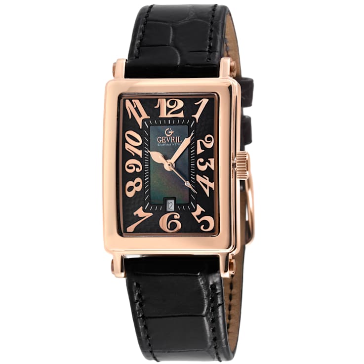 Gevril Ave of Americas Mini Women’s Rose SS Case, Black MOP Dial Watch,
Genuine Black Leather Strap