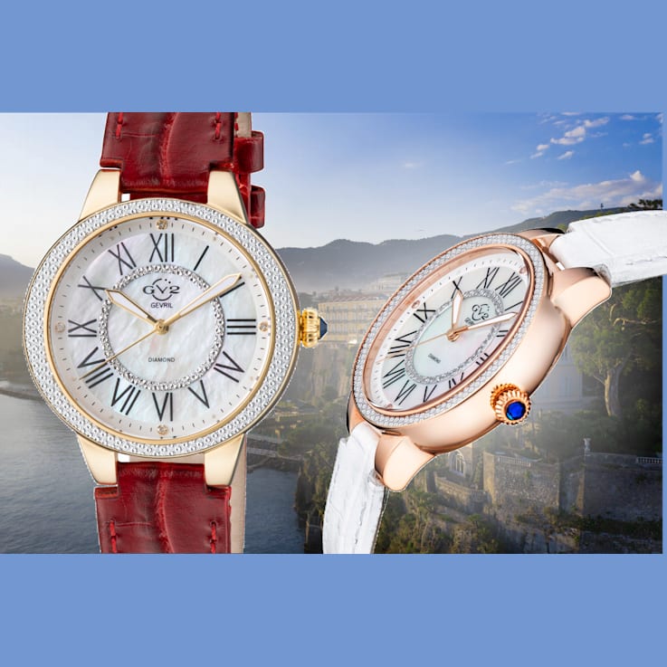 GV2 by Gevril Women's Astor II 9142-L8 MOP Dial Diamond Leather Swiss Watch