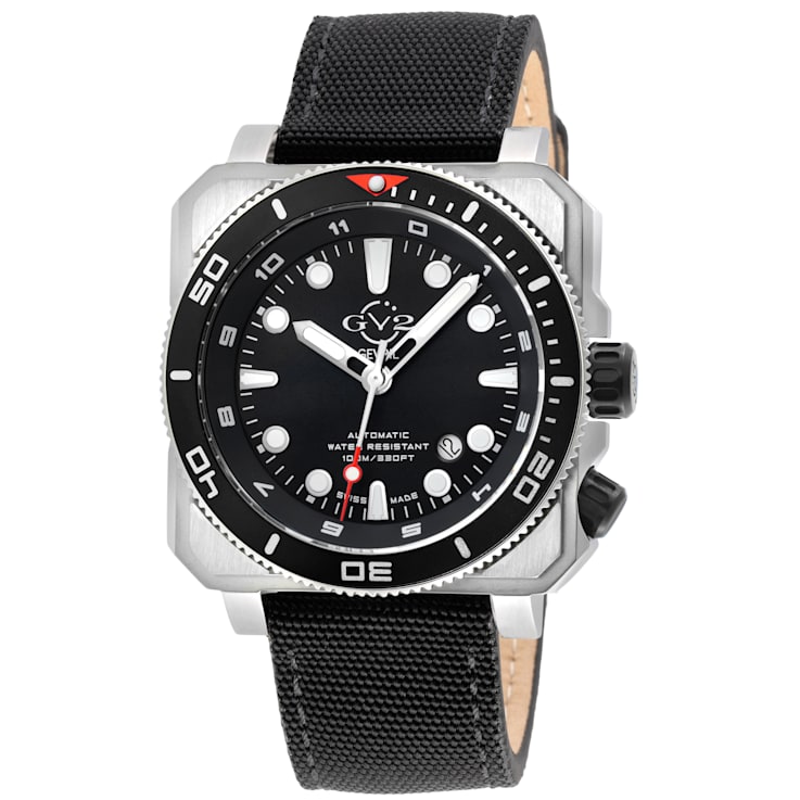 GV2 Men's XO Sub SS Case, SS/BLK Bezel, Black Dial, Genuine Black Canvas Strap