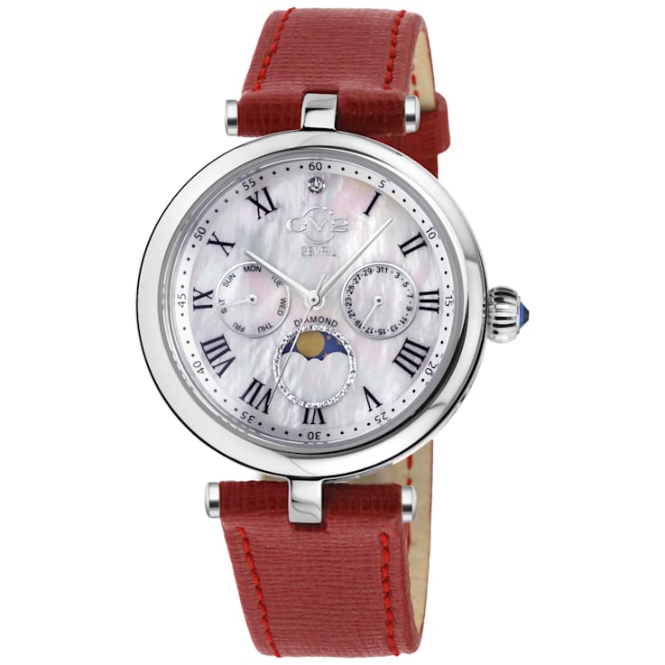 GV2 Florence Women's Mother of Pearl Dial Diamond Cut Ring, Red Leather
Strap Watch