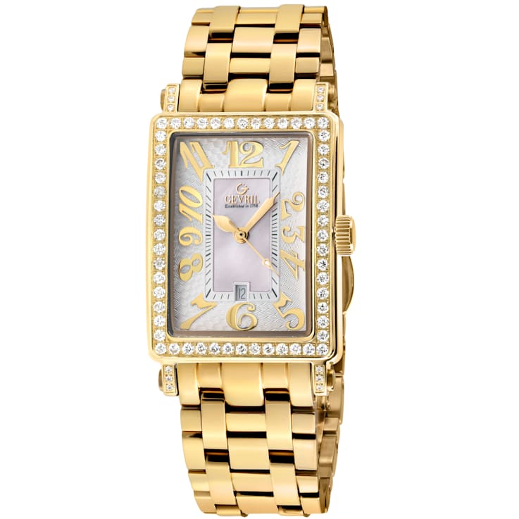 Gevril Ave of Americas Mini Women’s IPYG Stainless Steel Diamond Case,
White MOP Dial Watch