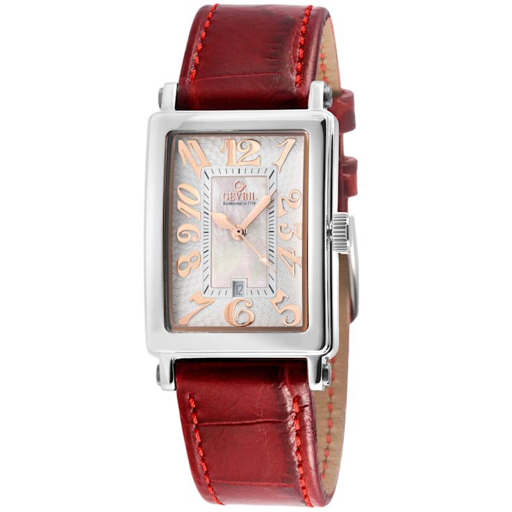 Gevril Ave of Americas Mini Women’s SS Case,White MOP Dial Watch,
Genuine Red Handmade Leather Strap