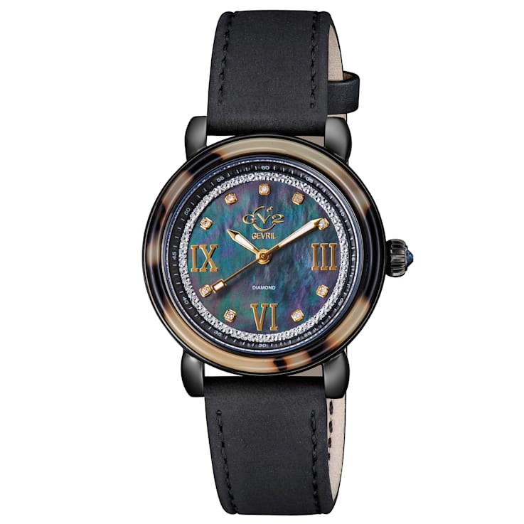 GV2 Women's Marsala Tortoise Mother Of Pearl Dial, Black Suede Strap Watch