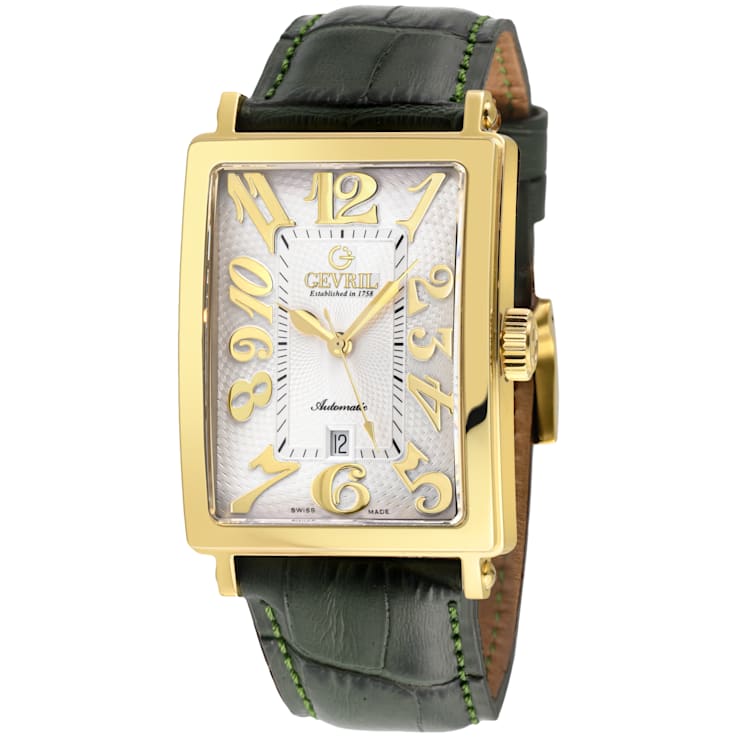 Gevril Men's Avenue of America's IPYG White dial, Genuine Olive Leather Band