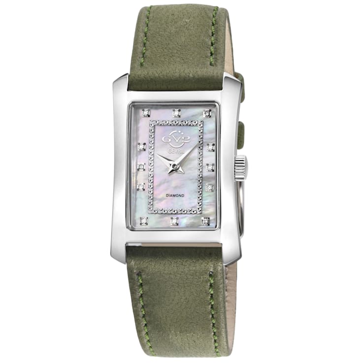 GV2 Womens Luino Diamond White MOP Dial, Genuine Italian Leather Green Watch