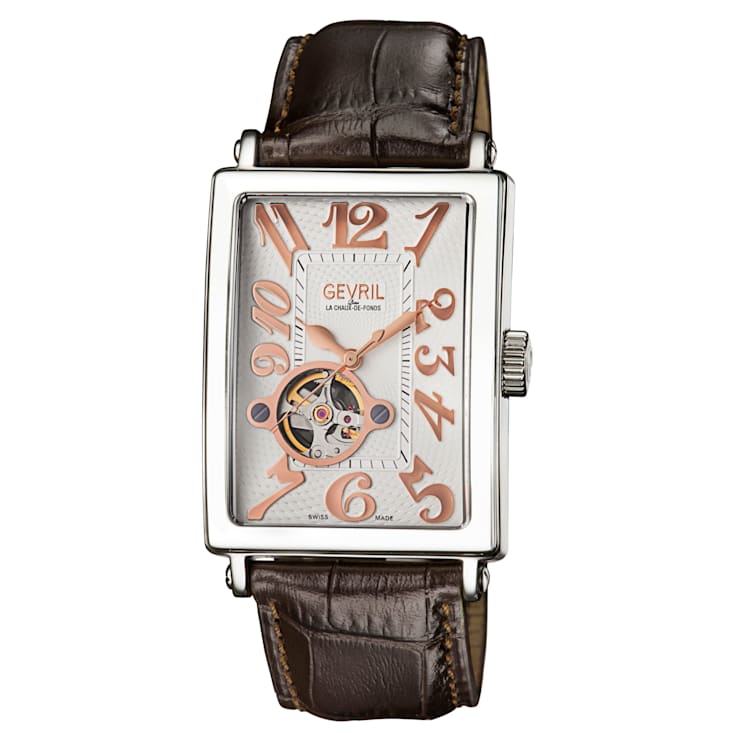 Gevril Men's  Avenue of Americas Intravedere White Dial Genuine Dark
Brown Leather Watch