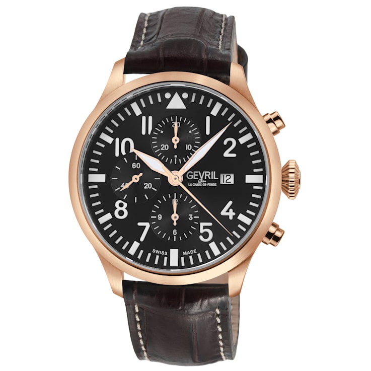 Gevril Men's Vaughn 316L Stainless Steel RG Case, Black Dial, Genuine
Brown Leather Watch