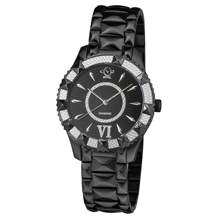 GV2 By Gevril Women's Venice 39mm Black Dial Black IP Diamond Wristwatch