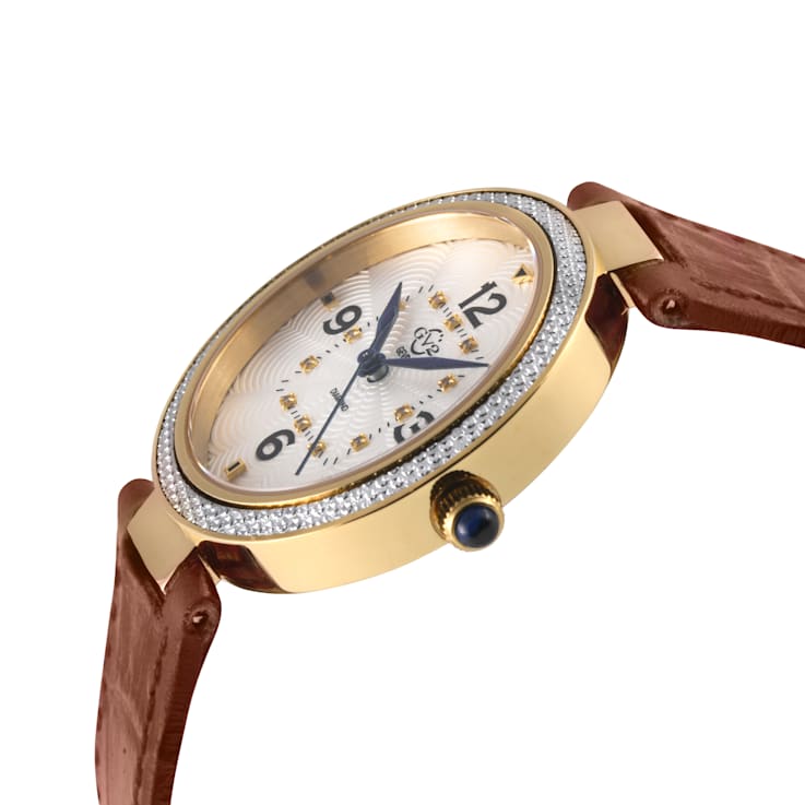 GV2 Women's Piemonte Stainkess Steel Case, White dial, Diamond Watch,
Italian Brown Leather Strap